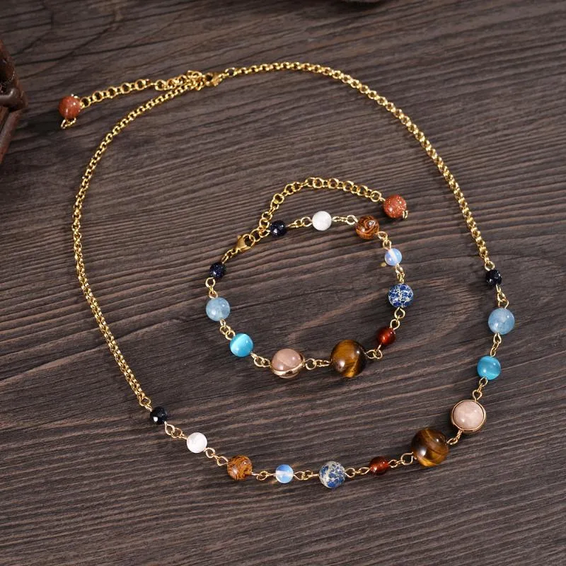 Boucles d'oreilles collier Design 9 planètes dans le système solaire, pierres perlées, chaîne à maillons, colliers et Bracelets, ensemble de bijoux 313g
