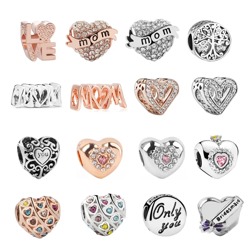 Nytt mode 925 Sterling Silver Loose Pärlor Charms För Kvinna DIY Love Heart Fit Pandora Armband Ladies Present med Box Lyxig design Smycken