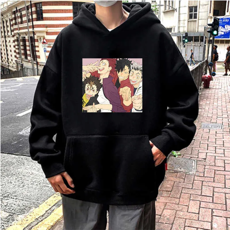 Divertente Anime Haikyuu Kuroo Felpe con cappuccio stampato Felpe Uomo Harajuku Cartoon Fly High Karasuno Graphic Fashion Felpe con cappuccio oversize Y0804