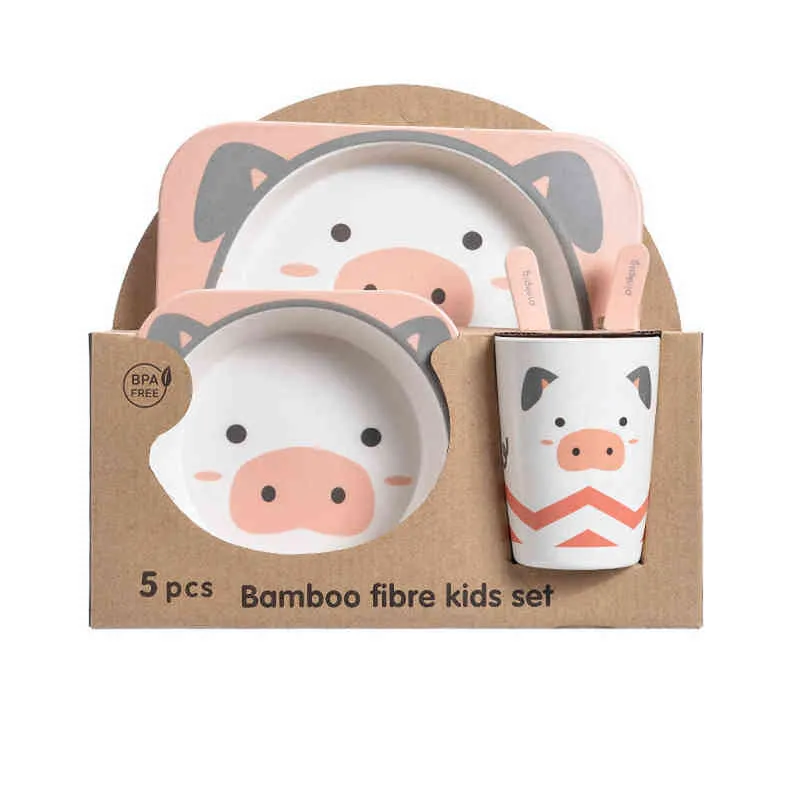 Creative Cartoon Animal Plate Baby Rätter Set Bamboo Fiber Bowl + Sked + Gaffel Barnens Presentkort 5PC / Set Foderdiskar G1210