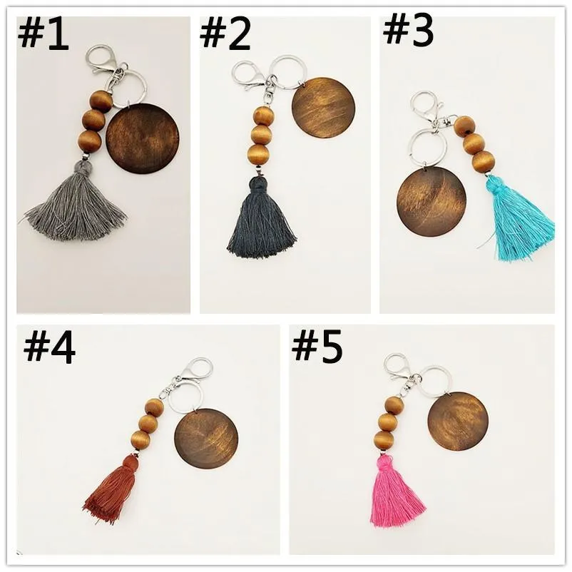 Wooden Beaded Key Ring Favor Cotton Tassel Pendant Engraving Monogrammed Keychain Round Wood Chip Ornament Festival Gift 5 Styles