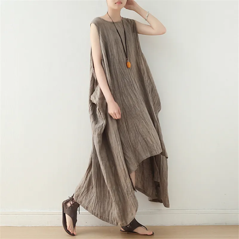Johnature vrouwen effen kleur mouwloze jurk hoge kwaliteit linnen zomer onregelmatige vintage vrouwen gewaden tanks jurken 210521