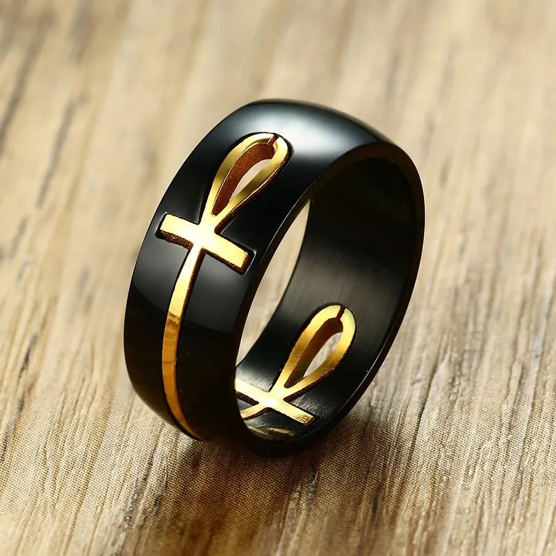 Cluster Rings Modyle Separable Ankh Egyptian Cross Ring Men Black Gold Stainless Steel Key Of Life Wedding Male Anel Jewelry