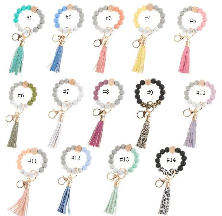 Silicone Beaded Bangle Keychain with Tassel for Women Party Favor, Wristlet Key Ring Bracelet SN3027