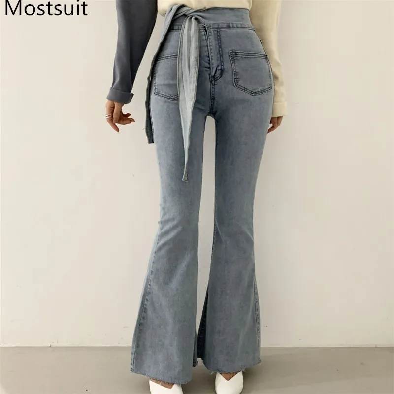 Korean High Waist Belted Flare Denim Jeans Pants Women Pockets Skinny Solid Fashion Casual Female Trousers 210518