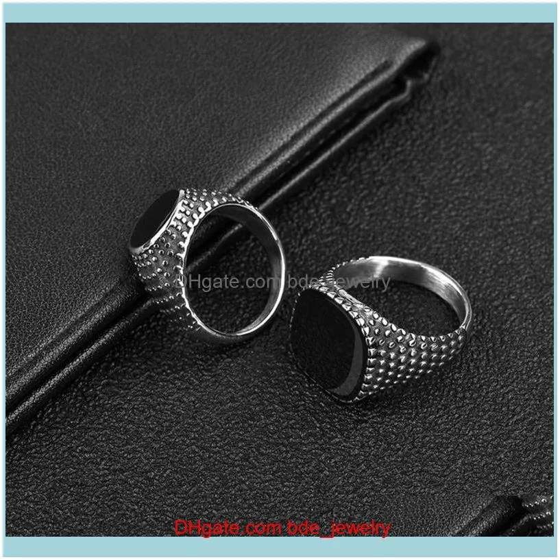 Wedding Rings CFBulongs Vintage Men Stainless Steel Ring Cool Black Natural Agate Stone Hip Hop Jewelry