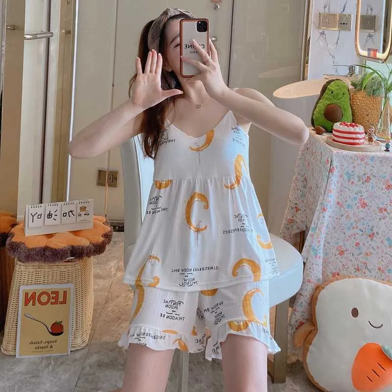Summer Sexy Lingerie Spaghetti Strap Shorts Pyjama Ensembles pour femmes coréennes Imprimer Pyjamas Costume Homewear Pijama Mujer Vêtements Q0706