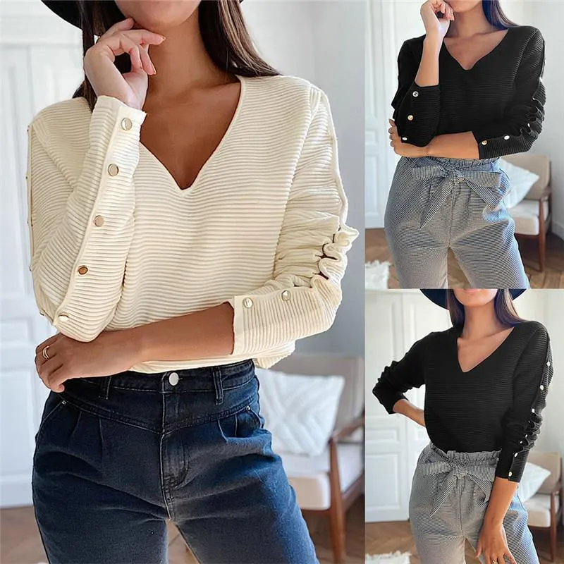 Women's Blouses & Shirts Women V-neck Long Sleeve Tops Solid Color Pullover Sweater Buttons Warm Outwear Office Lady Clothing 2021 Fall