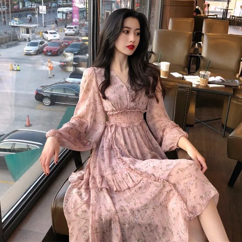 Sonbahar Kadın Şifon Elbise Bir Çizgi V Boyun Uzun Lady Vintage Çiçek Baskılı Rahat Kore Tarzı Fırfır Tatlı Vestidos Elbiseler