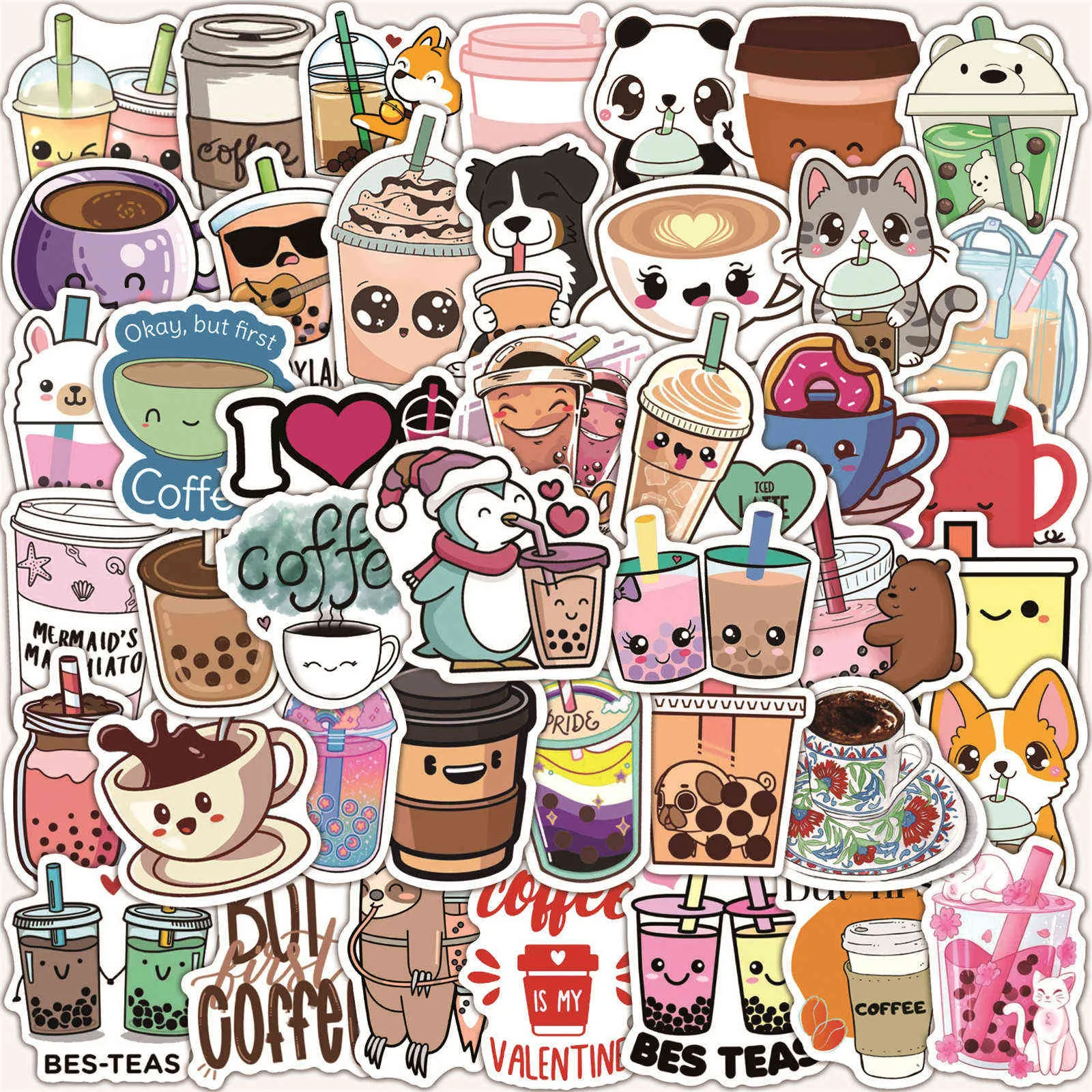 100 stks Cute Cartoon Pearl Pearl Milk Tea Stickers Pack voor Meisje Boba Bubble Teas Decal Sticker to DIY Bagage Laptop Gitaar Auto