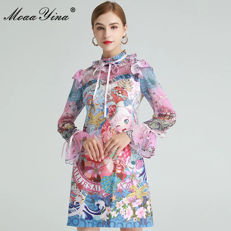 Moda Tasarımcısı Elbise Bahar kadın Elbise Flare Sleeve Ruffles Güzel Anime Baskı Elbiseler 210524