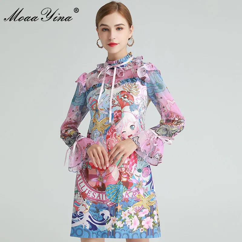 Robe de créateur de mode Printemps Robe pour femme Flare Manches Volants Belles robes d'impression Anime 210524