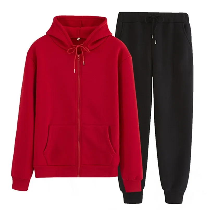 Mulheres Tracksuit homens 2 peças conjunto de outono inverno moletom com capuz + calças cor sólida zíper com capuz com unidades sportswear bolsos 211116