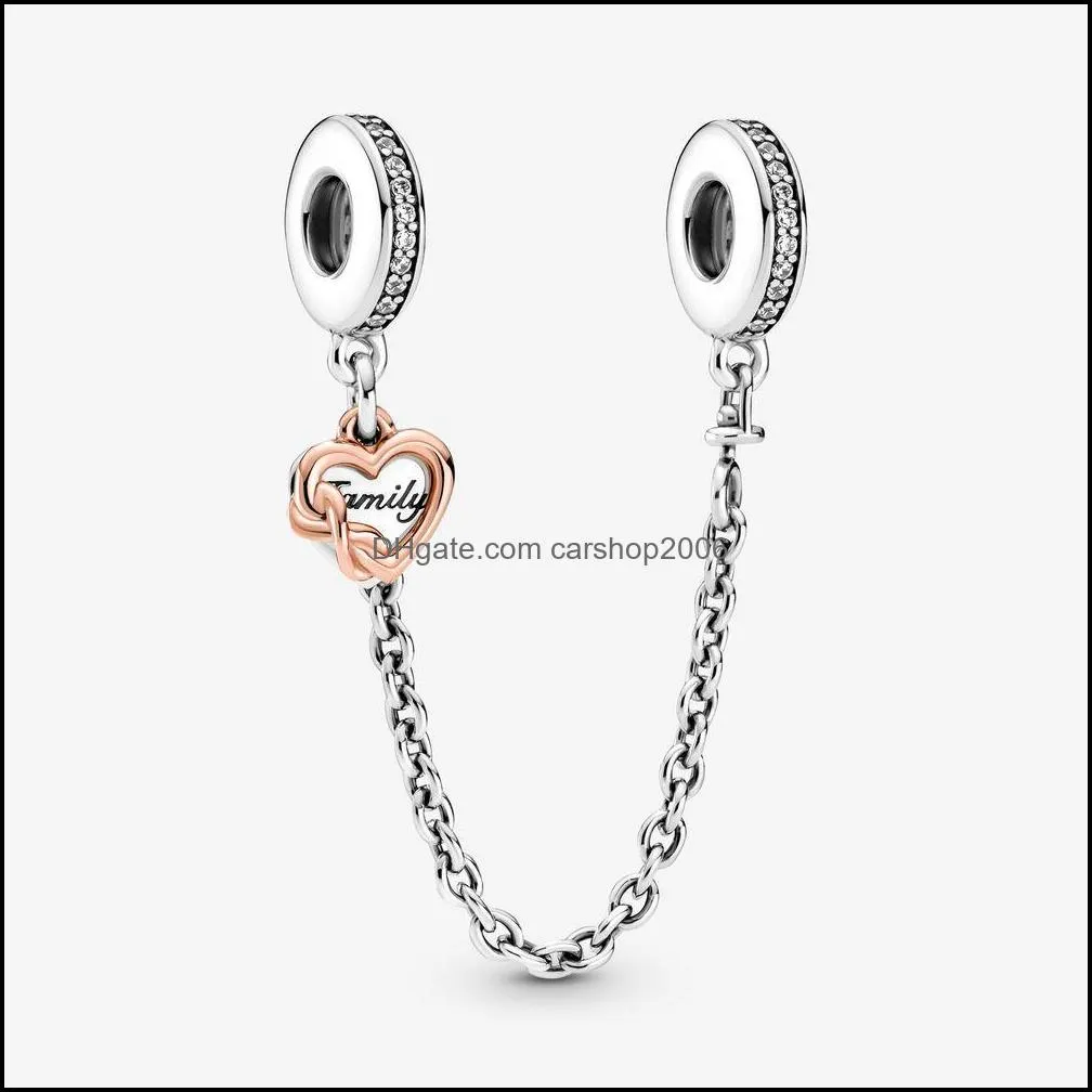 100% 925 Sterling Silver Family Heart Safety Chain Charms Fit Original European Charm Bracelet Fashion Women Wedding Engagement Jewelry