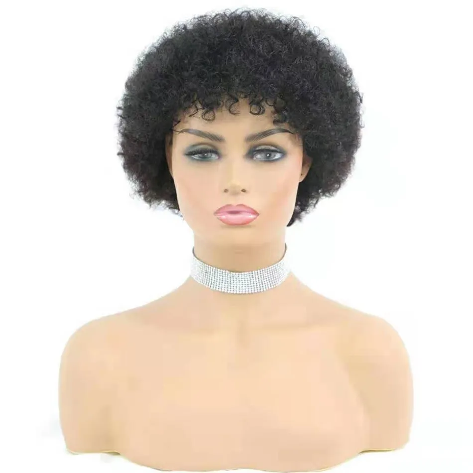 Cambodian Human Hair Wigs Afro Kinky Curly Glueless Wig For Black Woman Natural Color Machine Made