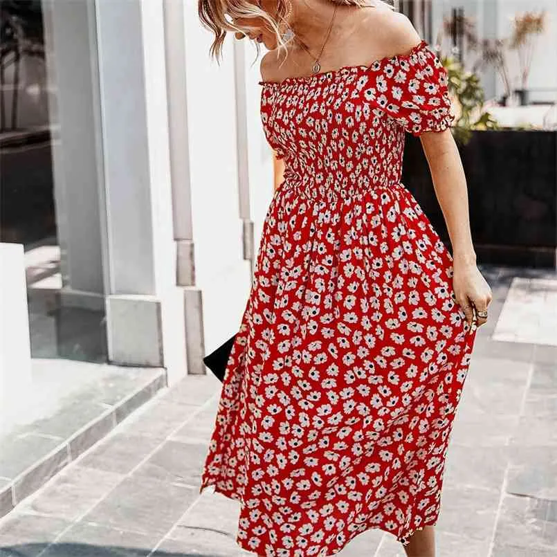夏のエレガントな自由奔放に生きる花のプリントMidiのドレス女性セクシーなファッションスラッシュネックビーチスプリットドレス女性サンドレスvestidos 210508