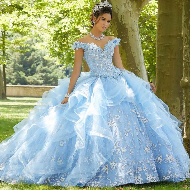 Light Sky Blue Beaded Ball Gown Quinceanera Dresses Lace Sequined Off The Shoulder Prom Gowns Tiered Sweep Train Tulle Sweet 15 Masquerade Dress 415