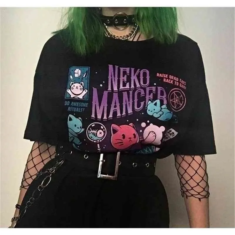 HAHAYULE YF Neko Mancer T-Shirt Unisex Cute Aesthetic Grunge Black Tee Satantic Gothic Clothing Witch Shirt 210722