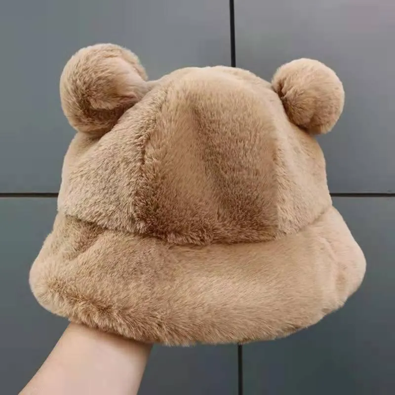 Ampla borda chapéus de outono cubeta de pele chapéu urso orelha bola pescador inverno macio moda quente espessa proteção de bacia
