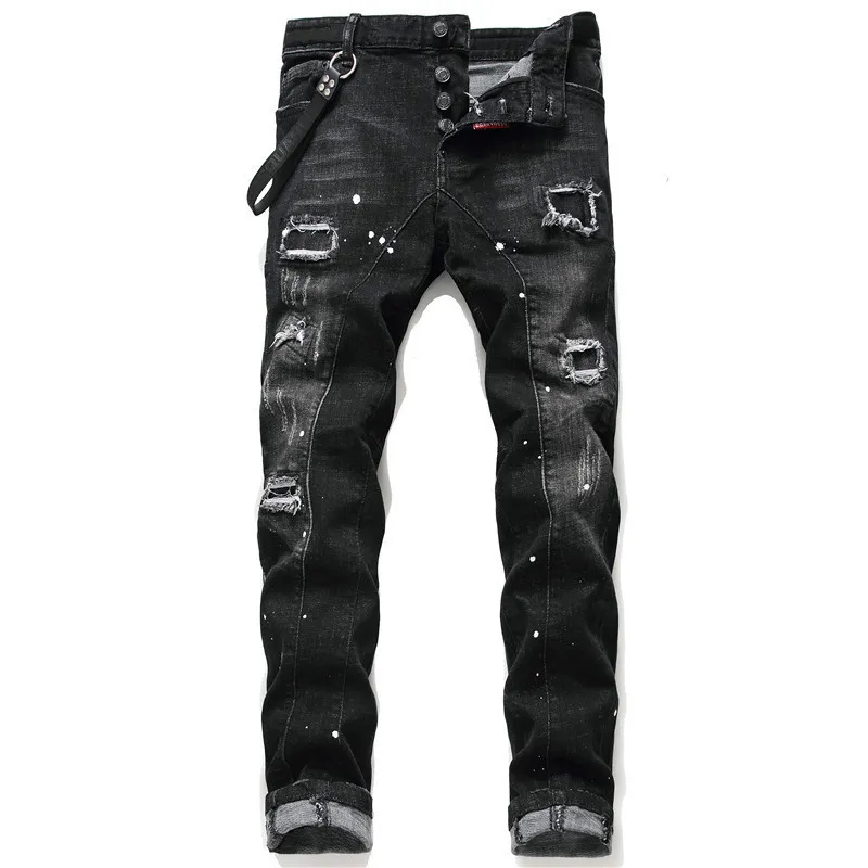 Heren Jeans Jean Hiphop broek straattrend Rits ketting decoratie gescheurd Stretch Zwart Mode Slim Fit Gewassen Motocycle Denim Pa210B