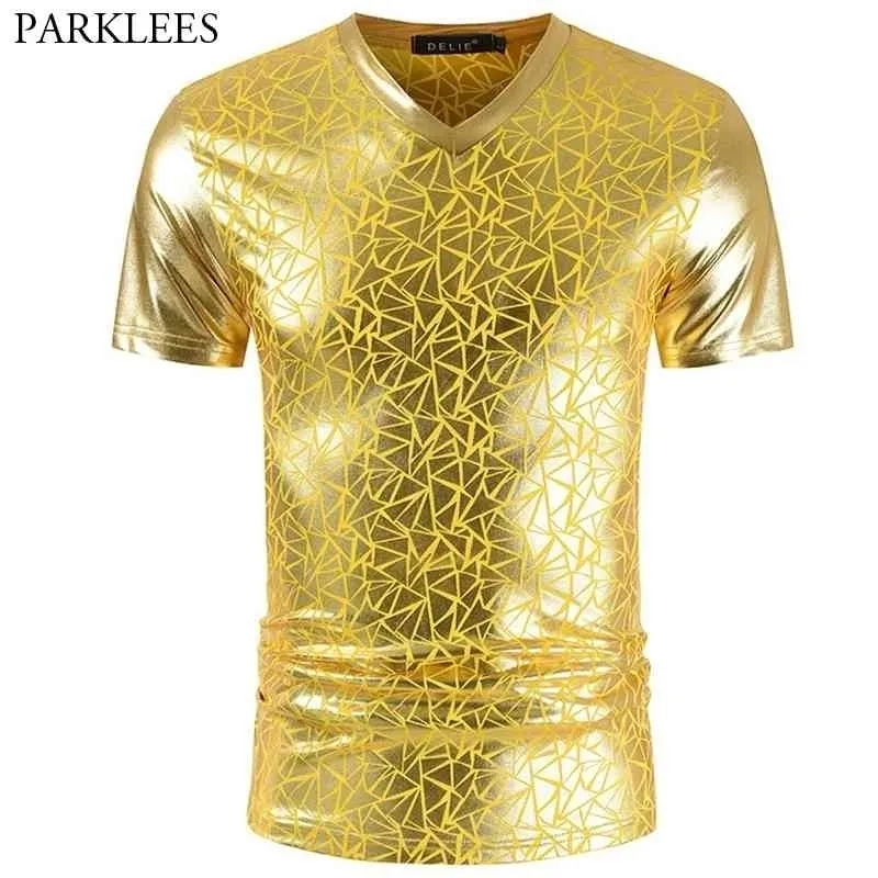 Geometrische Gold Metallic Tshirt Männer Nachtclub Party Prom Mens T-shirts Hip Hop Slim Fit V-Neck Streetwear T-Shirt Homme 210522