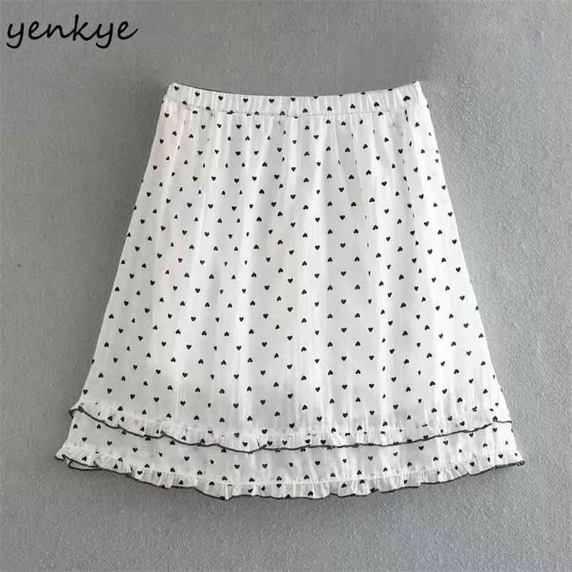 Fashion Women Heart Pattern Sweet Skirt Female Elastic High Waist A-line Mini Holiday Summer Chiffon Jupe Femme 210514