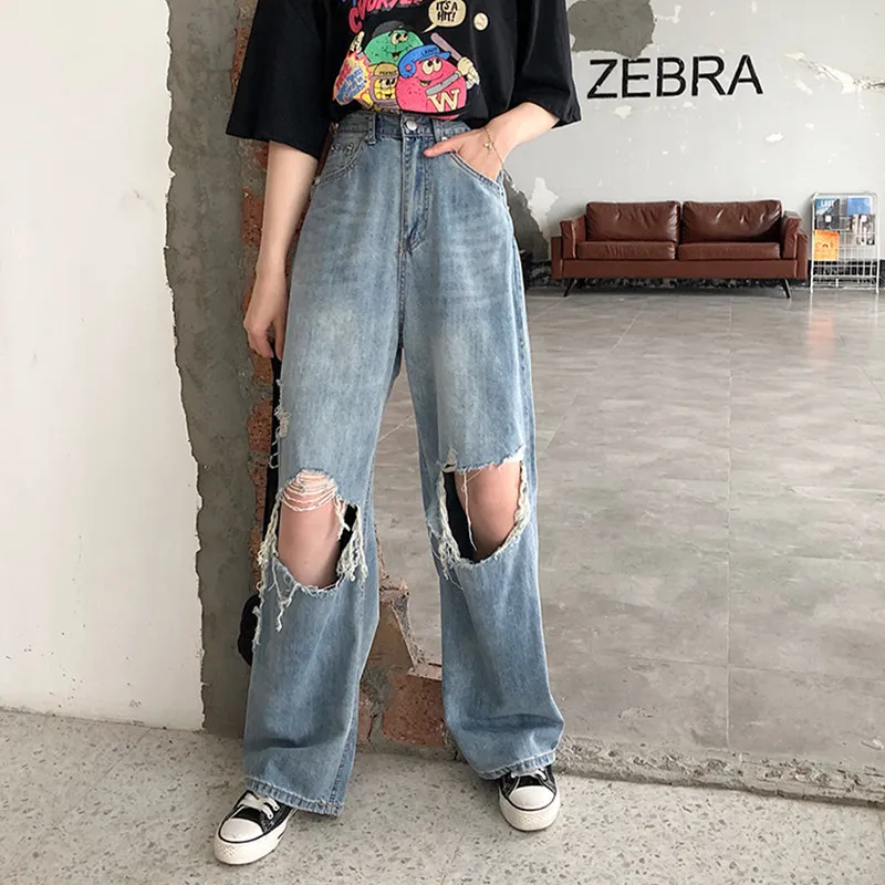 S-XL koreanska stil kvinnor lösa denim byxor casual ripped höga midja jeans för bredben byxor kvinnan (78180) 210508