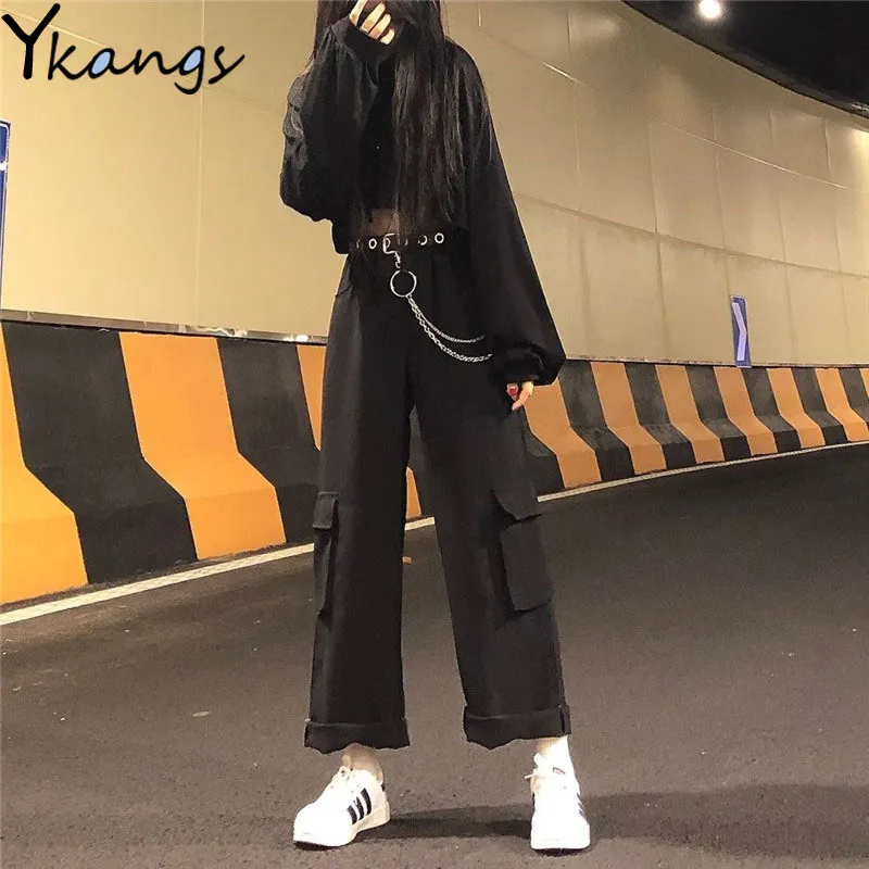 Avec chaîne Baggy Cargo Solid Black Pantalon Gothique Harajuku Streetwear Hip Hop Femmes Pantalon Femme Pantalon Large Poche Coréenne 210319