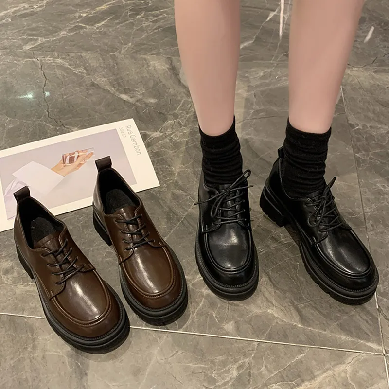 Femmes Oxford chaussures couture à lacets en cuir chaussures décontractées noir femme plate-forme chaussures dames Zapatos Mujer printemps automne 9434N