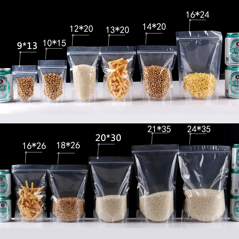100 Stück PET transparente Zip-Lock-Plastiktüten Mylar-Beutel Ziplock Stand Up Food Spice Pulver Verpackungsbeutel Clear235h