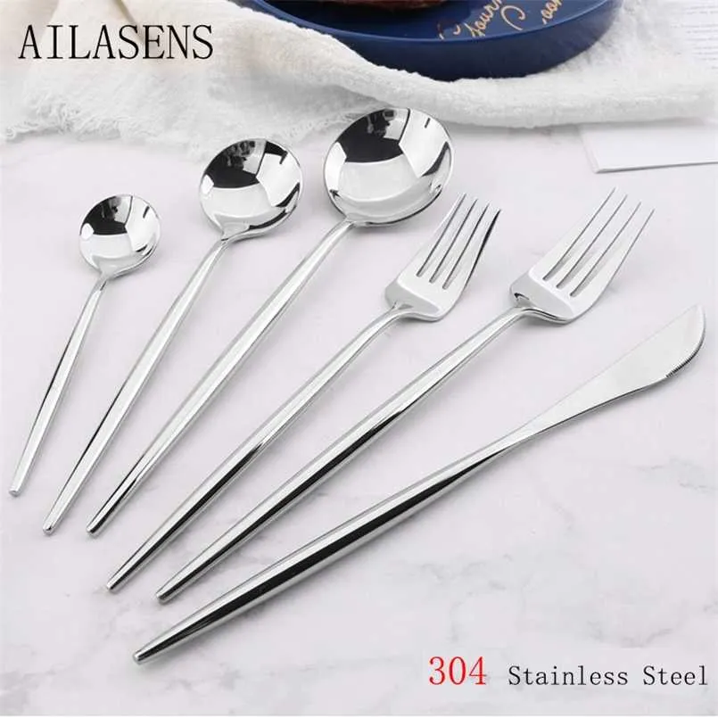 Ailasens 24pcs porslin set silver högkvalitativ spegel 304 rostfritt stål kniv gaffel sked bestick porslin säkra bestick set 211108