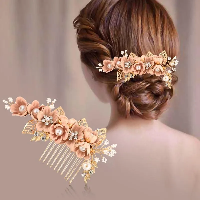 Imitation Pearl Flower Hair Combs Headpiece Wedding Prom Bridal Accessories Trendy Luxury Gold Leaves Smyckesnålklämmor Barrettes