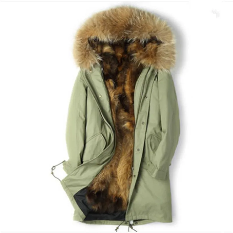 Mäns Läder Faux Parka Män Real Raccoon Fur Liner Long Coat Winter Jacket Plus Size Parkas Chaqueta Hombre Jhlpkf-01 MY1153