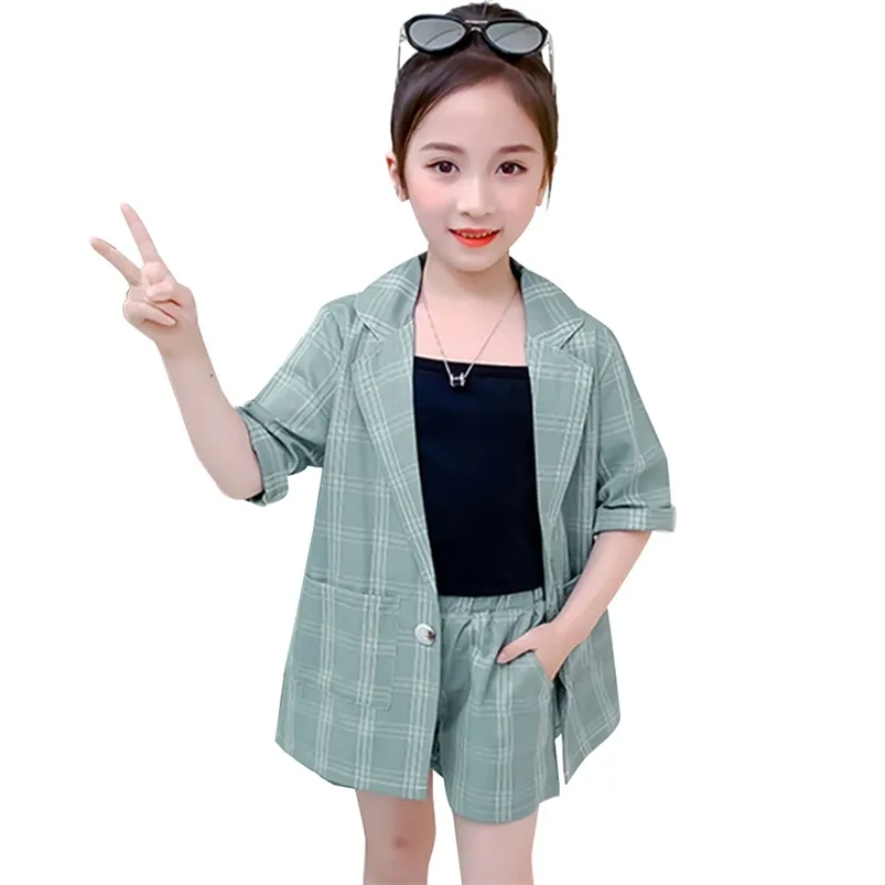 Girls Suit Set Plaid Pattern Teenage Clothing Tshirt + Coat Short Girl Summer Children's 210527