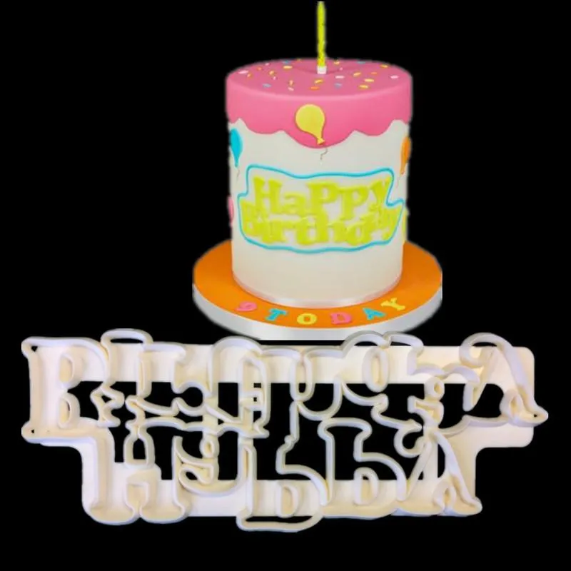 Bakning av konditoriververtplast Happy Birthday Fonderant Embionser Press Mold för Cake Decorating Mold Cupcake