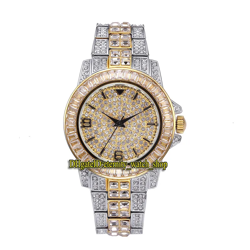 MISSFOX eternity v291 1 Hip hop Fashion Mens Watches CZ Diamond inlay Dial Quartz Movement Men Watch Iced Out Big Diamonds Bezel Alloy Case Two Tone Bracelet