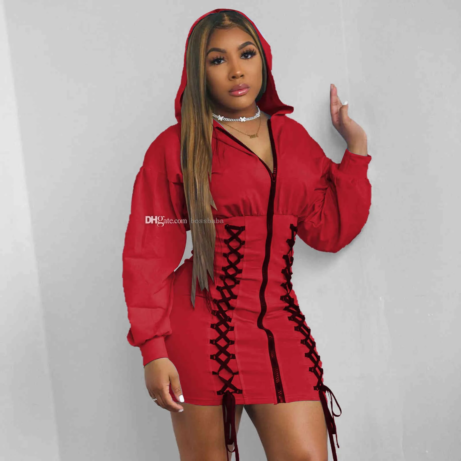 DHgate Women Hooded Dresses Solid Color Sweater Fashion Casual Large Bandage Decorative Long Sleeve Zipper Bodycon Dress Clubwear S XXL Apparel