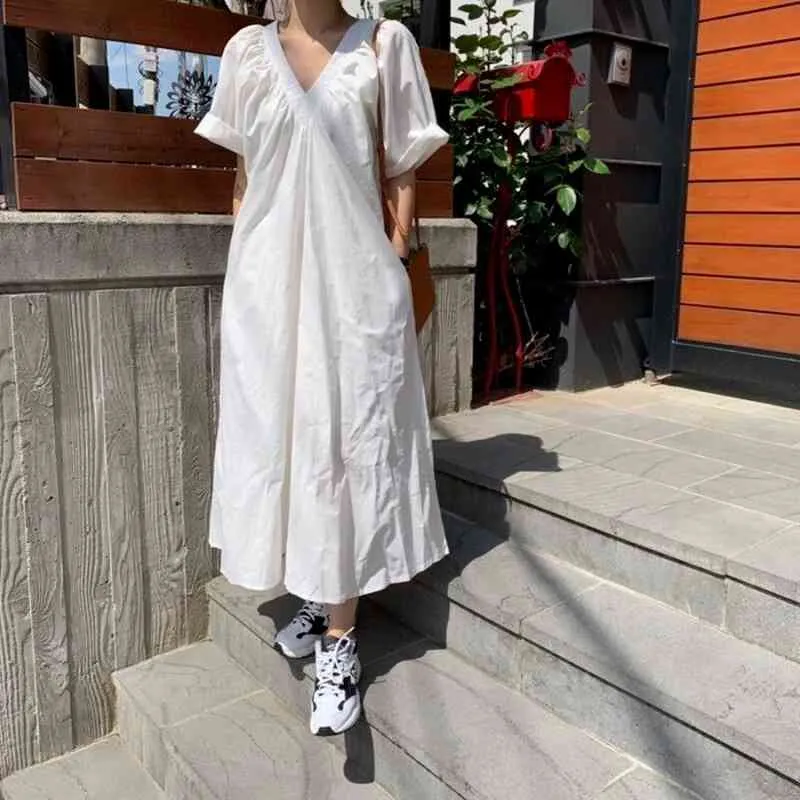 Vestido de verão Mulheres Vintage Slow Sleeve Plissado Sólido V Pescoço Loose Algodão Médio Moda Estilo Coreano Macio Feminino Feminino ES 210514