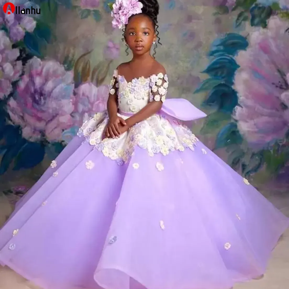 2022 Artı Boyutu Leylak Sırf Boyun Elbiseler Balo Tül Lilttle Çocuklar Doğum Günü Pageant Weddding Gowns WJY591