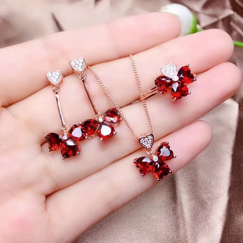 Earrings & Necklace Exquisite Fashion Four-leaf Clover Ring Red Zircon Love Heart Shape Ladies Jewelry Set