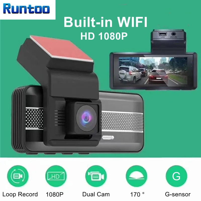Runtoo 3.16 tums DVR-videobandspelare Dash Cam Full HD 1080p WiFi Dashcam Car DVR-kamera Dual Lens Fram och bakparkering Mån