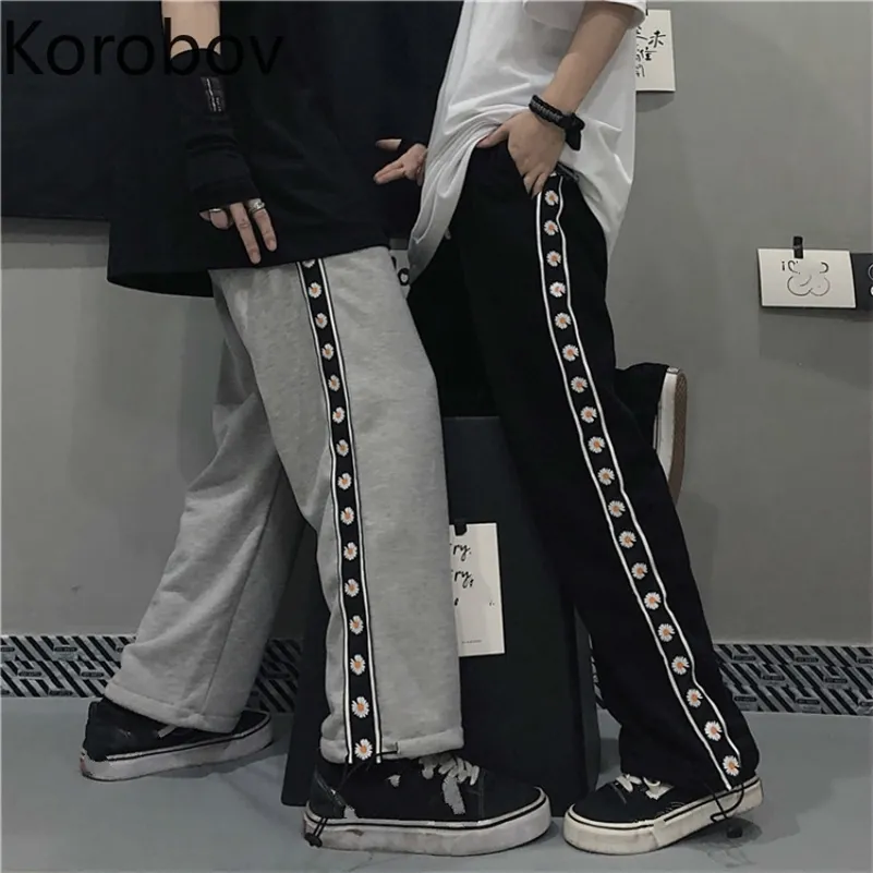 Korobov Primavera Allentato Stile Hrarjuku Coreano Unisex Amanti Streetwear Primavera Vita alta Anca Pantaloni dritti Causale Selvaggio Pantalone 210430