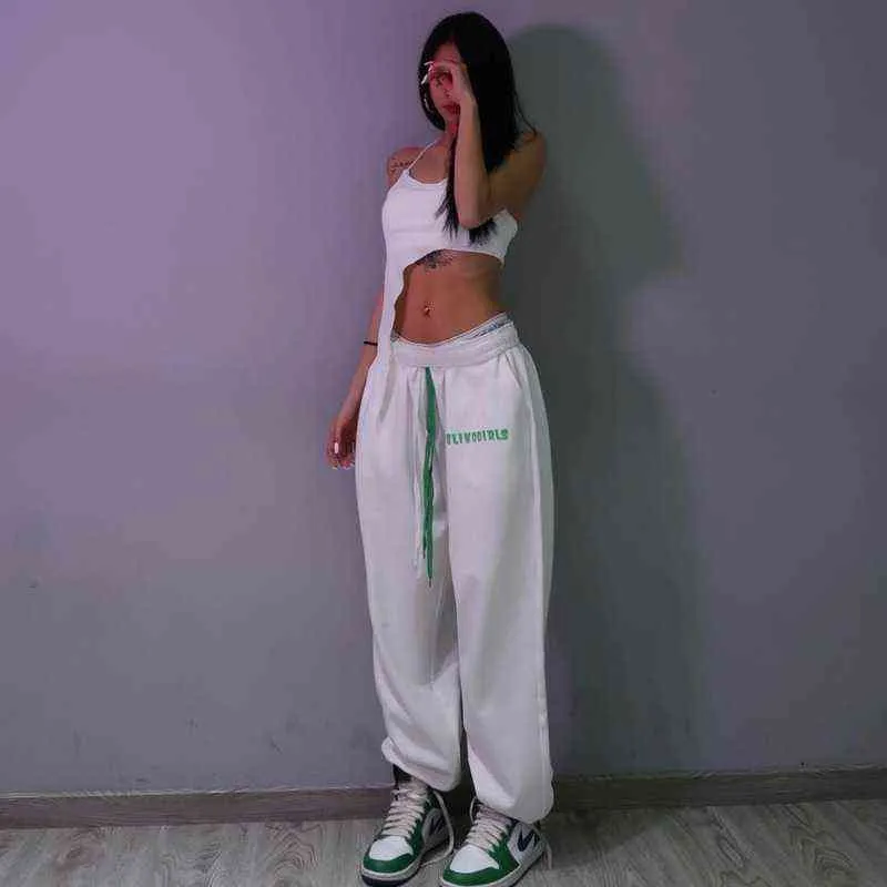 QWEEK Hippie White Jogging Sweatpants Women Y2K Joggers Sports Pants Oversize High Waist Harajuku Casual Trousers For Femal 211124