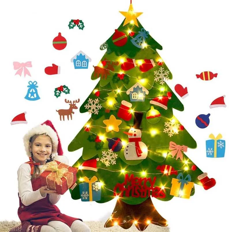 1 set Felt Christmas Tree Christmas Decorations with 2m String Light Kids DIY Tree Toys Christmas Decoration For Home Party 211104