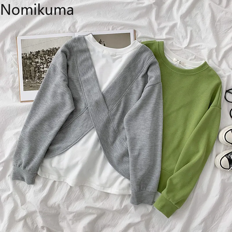 Nomikuma Kobiety Bluzy Koreańskie Back Cross Patchwork Pullover Topy Causal Długi Rękaw O-Neck Jesień Bluzy Nowy 6C833 210427