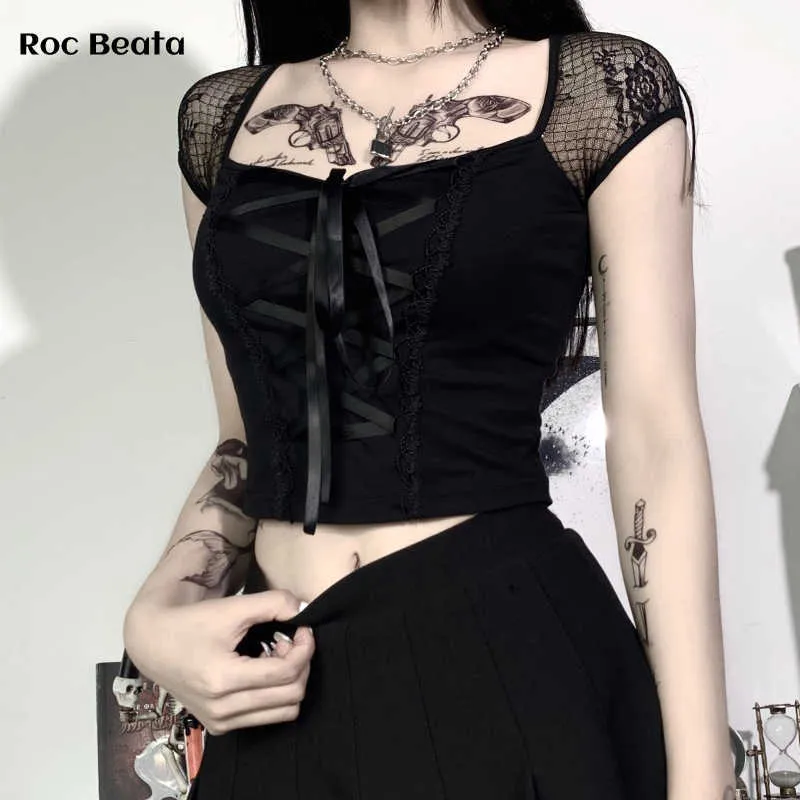 Vintage Goth T-shirt Kadın Bodycon Bandaj Dantel Siyah T-Shirt Gotik Streetwear Seksi Kadın Üst Rahat Mesh Tee Y0629