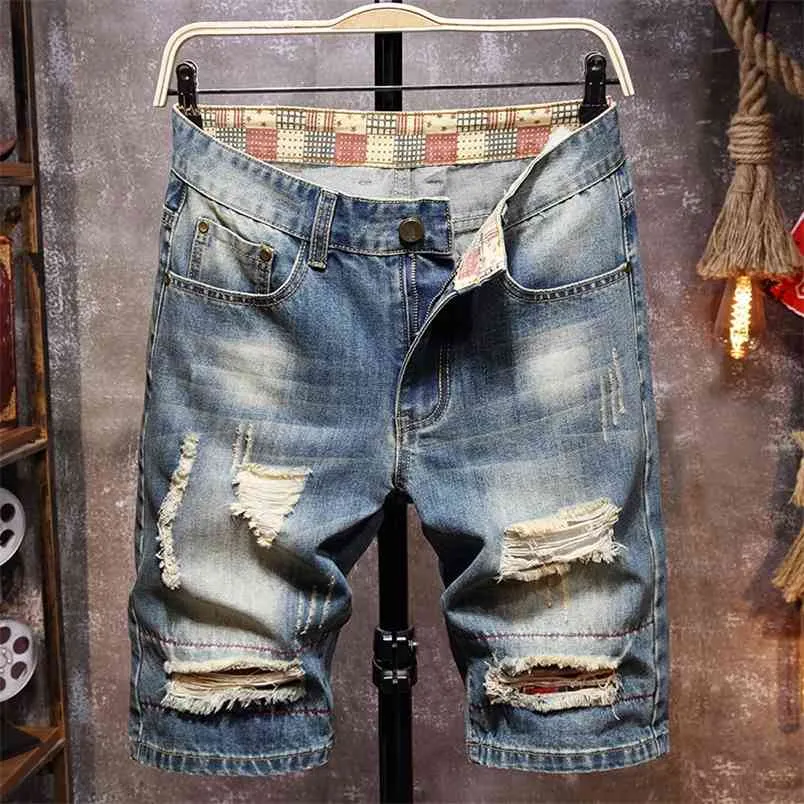 Men's Retro Style Ripped Denim Shorts Summer Street Fashion Slim Hole Short Jeans Male Brand Clothes 210629