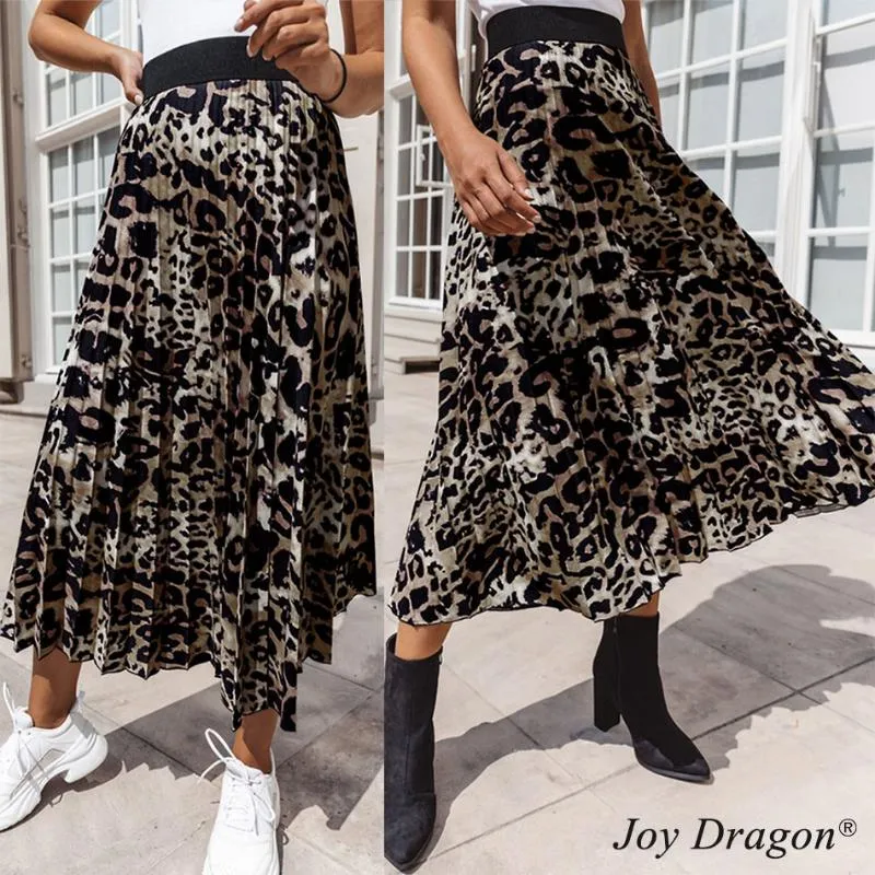 Kjolar kvinnor veckad kjol mode casual lös leopard tryckt klänning damer hög midja strand semester maxi jupe femme