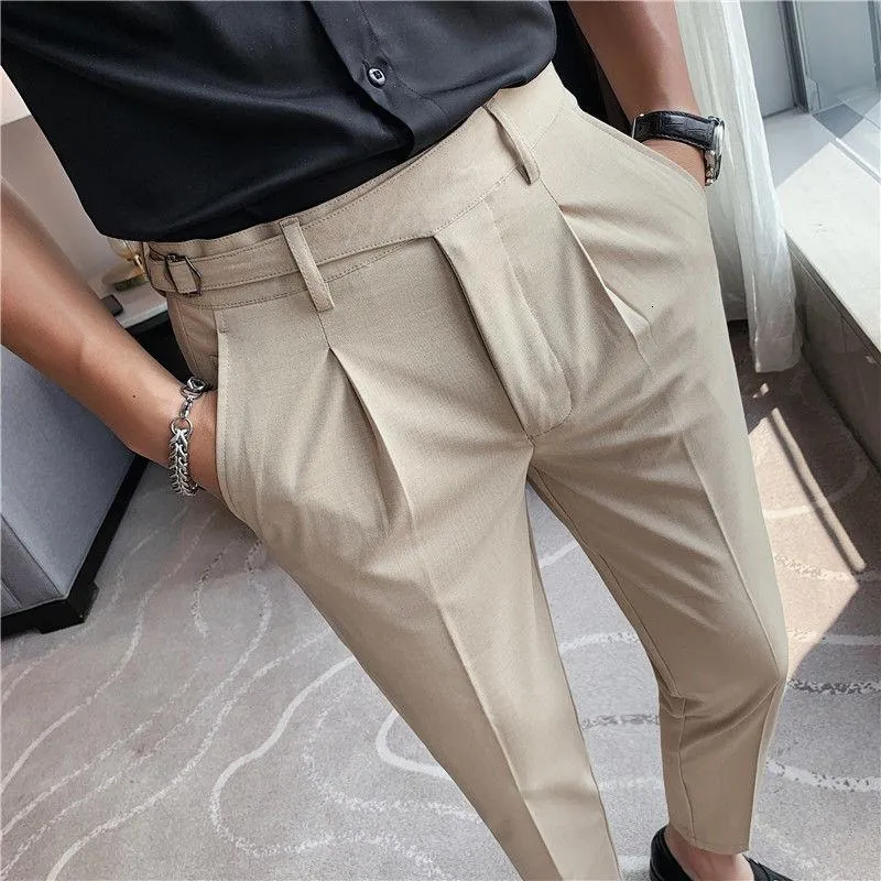 Men's Suits & Blazers Men Social Trousers Solid Color Formal Office Belt Pant Dress Slim Fit Pantalones Hombre 2021 Pantaloni Uomo Casual