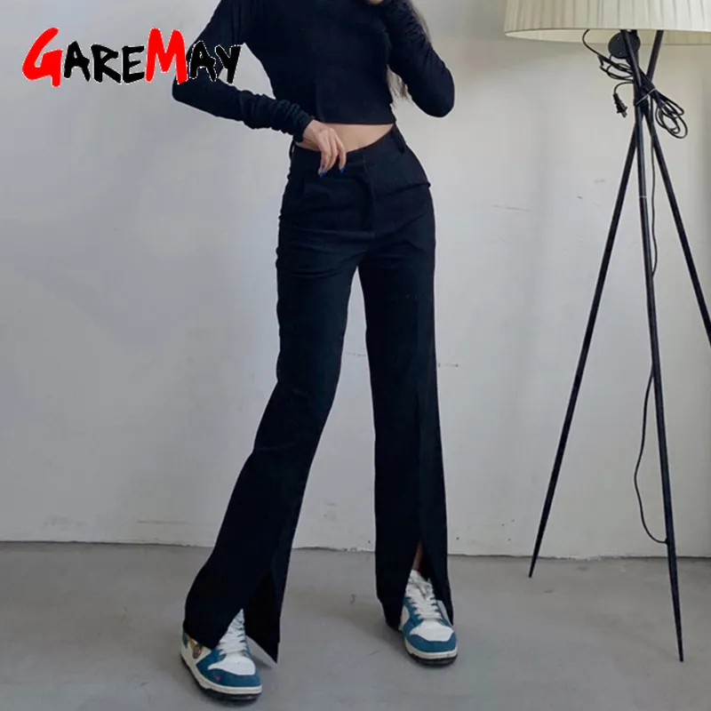 Черные брюки женские брюки прямые щельницы ногой офис леди бодильные штаны корейская одежда вспышка винограда винтажная уличная одежда 210428